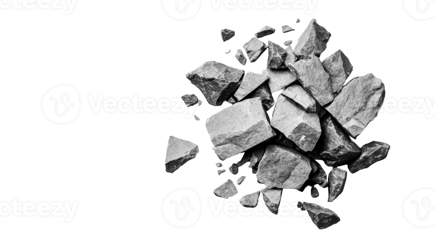 Black and white composition of rocks and fragments, cut out transparent png
