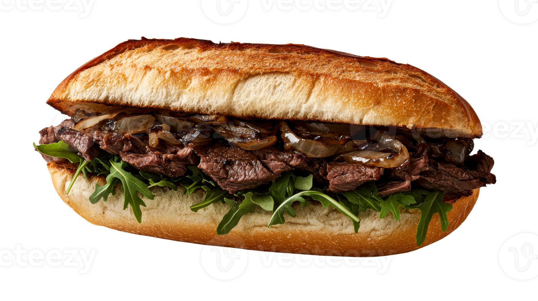 Steak sandwich with arugula and onions on a baguette, cut out transparent png
