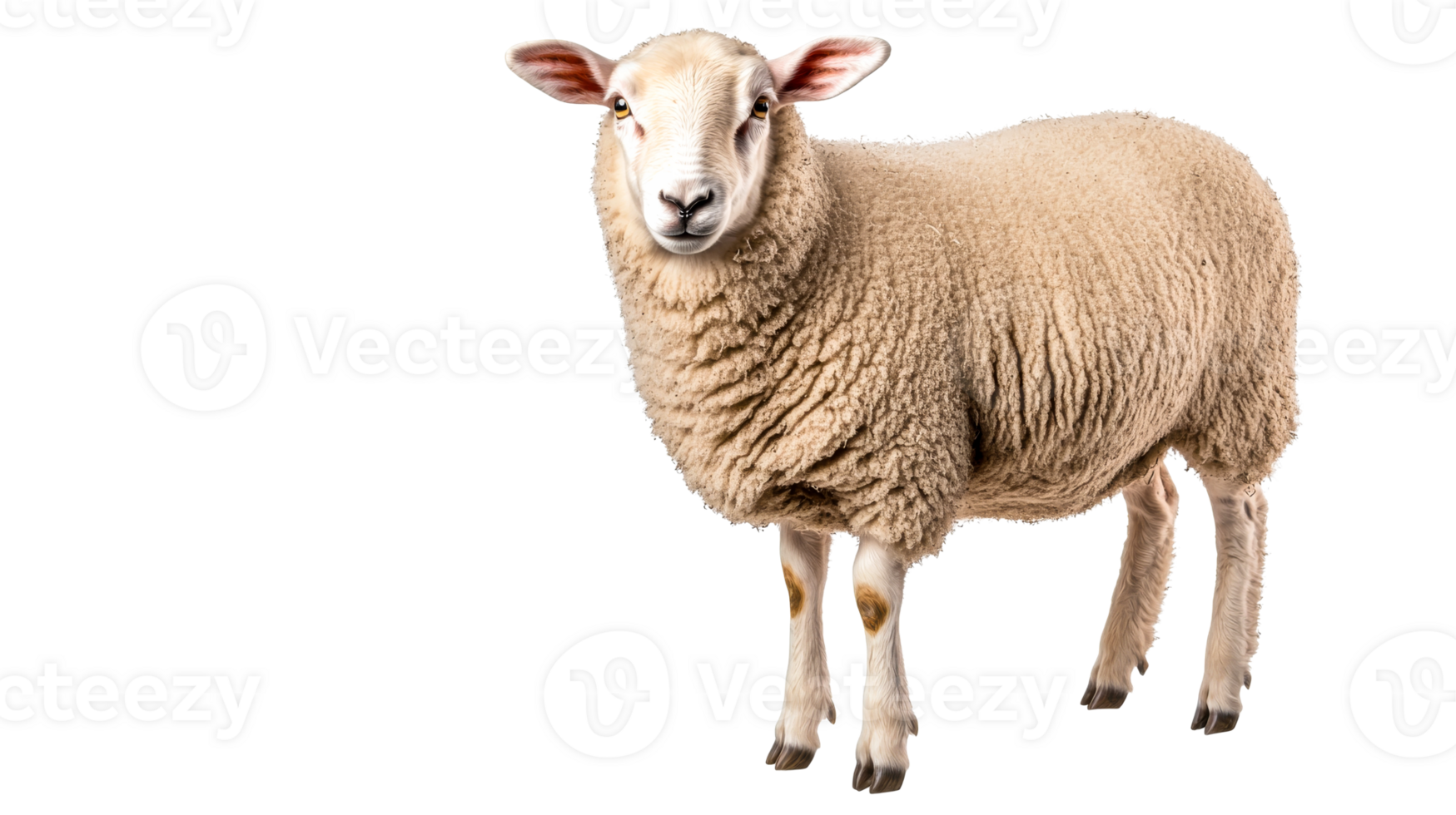Sheep stands calmly looking forward, studio animal portrait, cut out transparent png