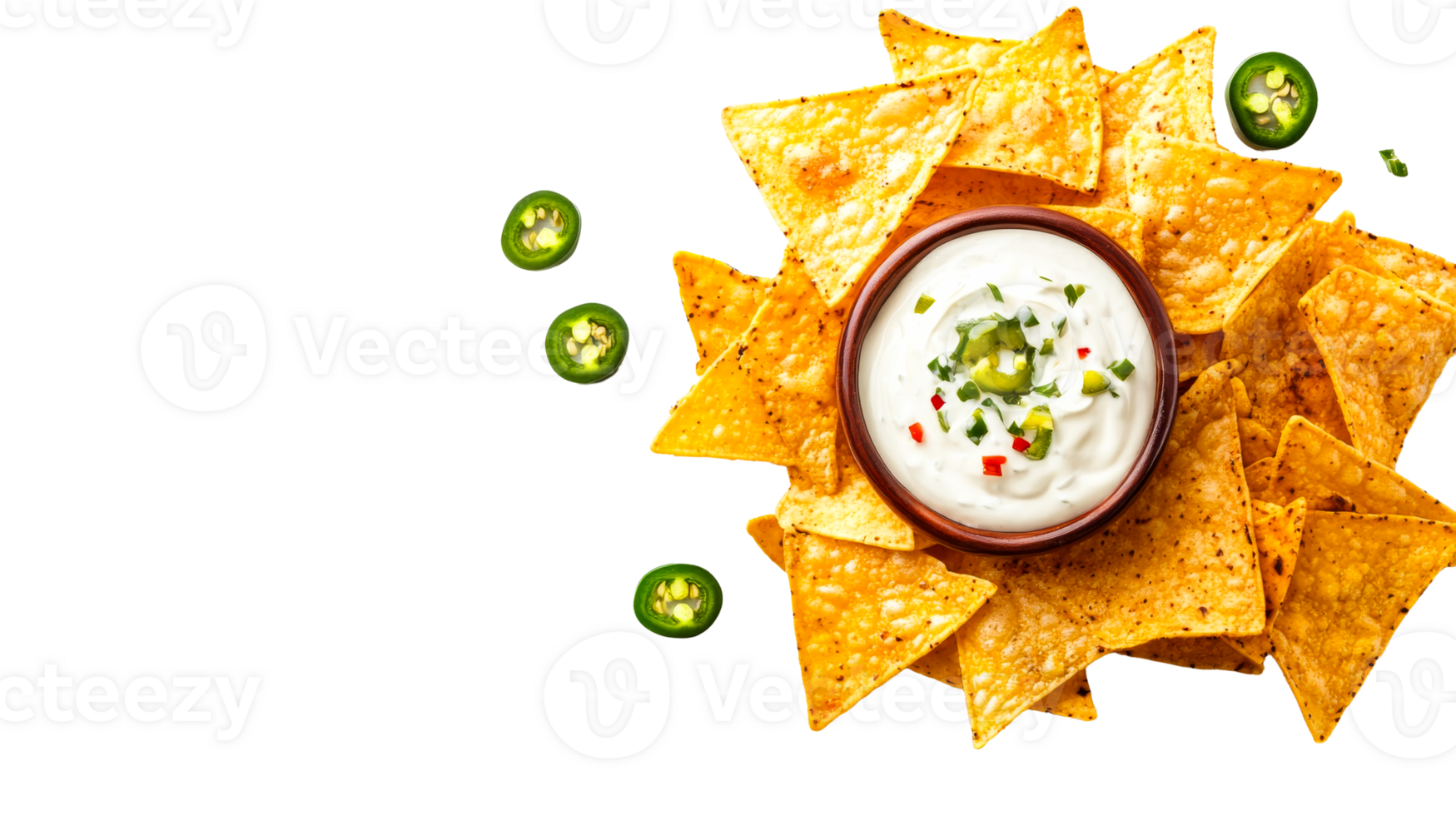 Nachos with dip and jalapenos, snack background, cut out transparent png