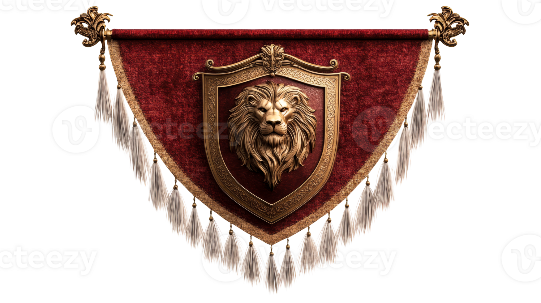 Lion crest shield on red banner with tassels, cut out transparent png
