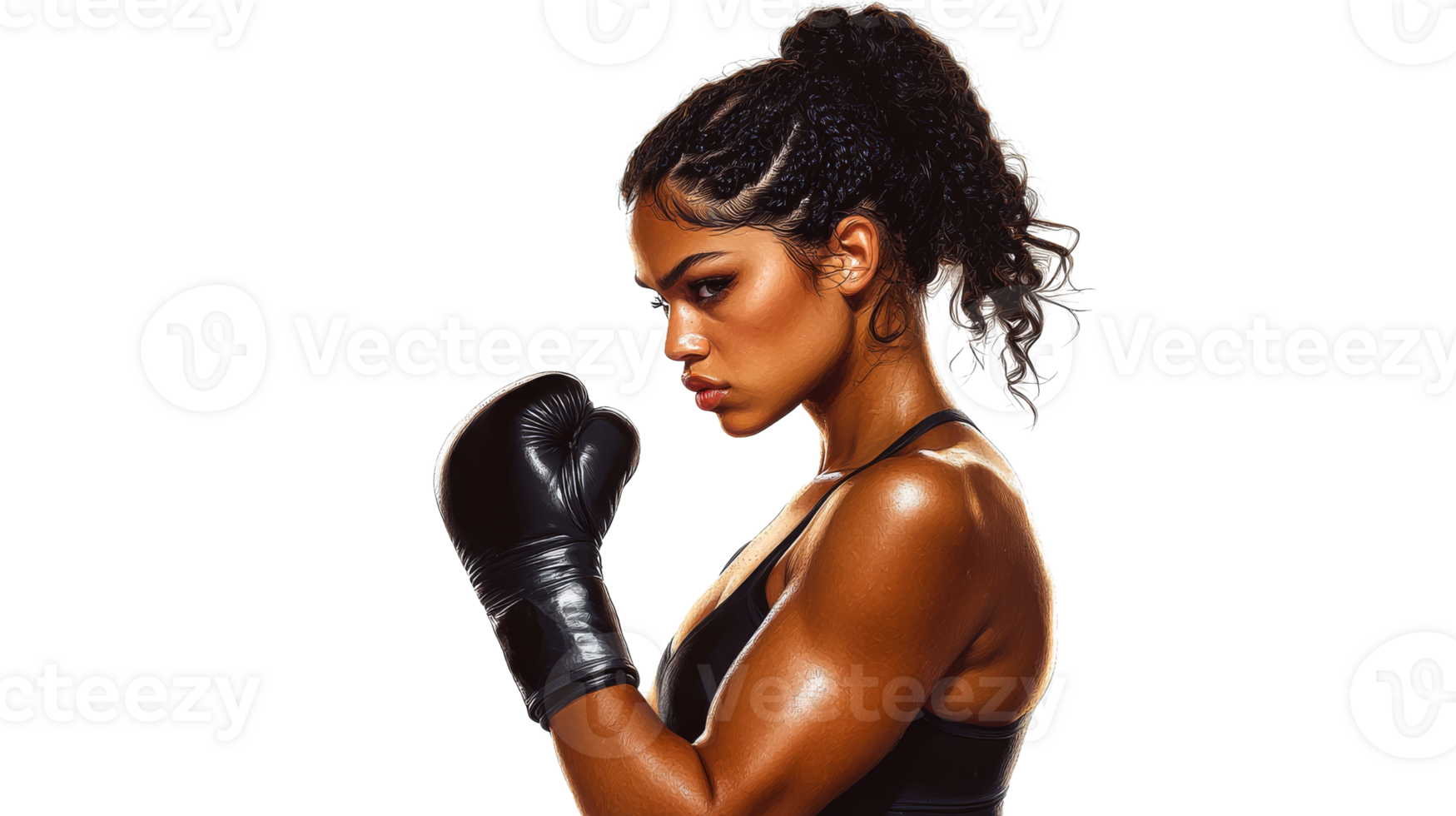 Strong female boxer in stance with glove, powerful, isolated, cut out transparent png