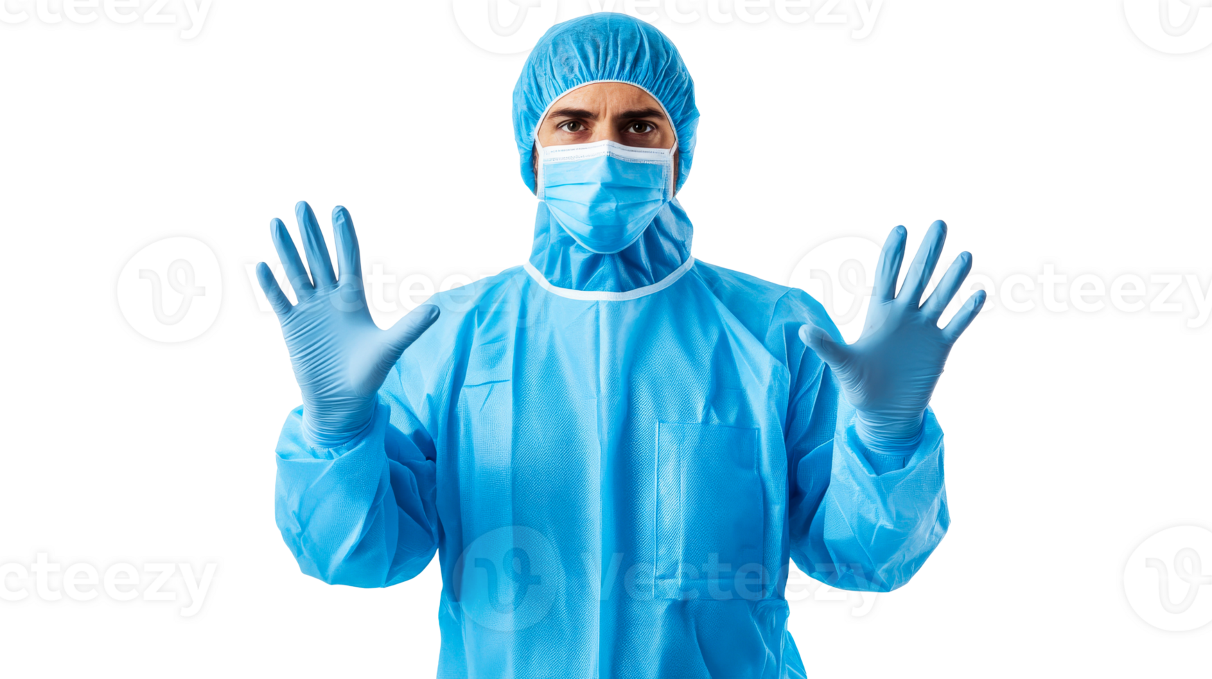Man in full protective suit with open hands, cut out transparent png