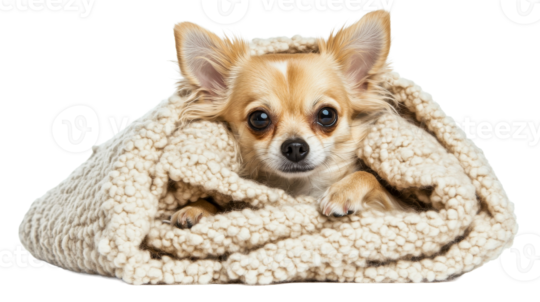 Chihuahua dog in cozy blanket, adorable pet portrait, cut out transparent png