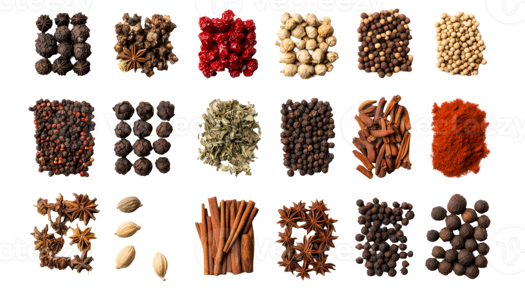 Collection of flavorful cooking spices variety, arranged, assortment, cut out transparent png