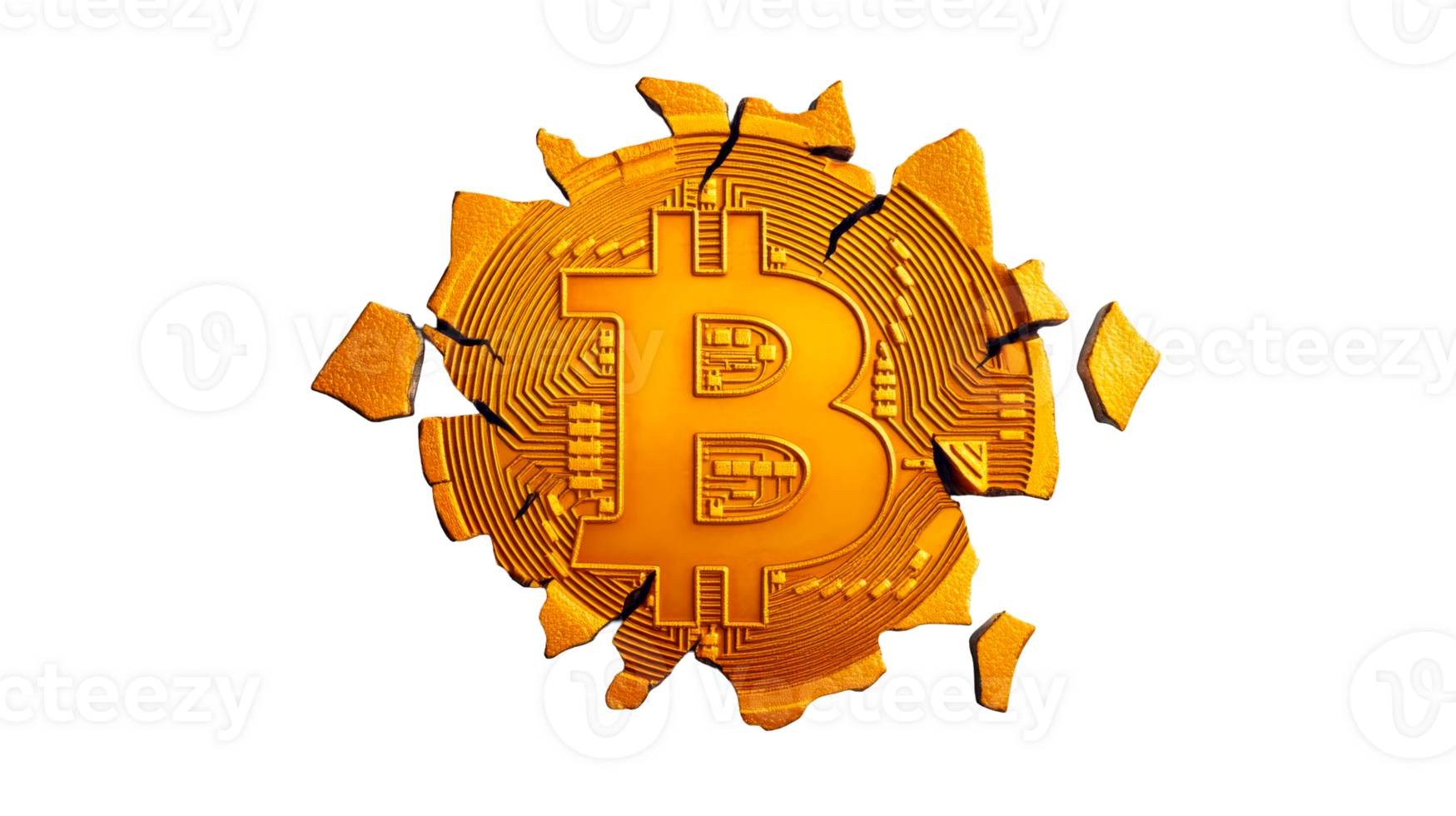 Cracked bitcoin with circuit board details on black background, cut out transparent png