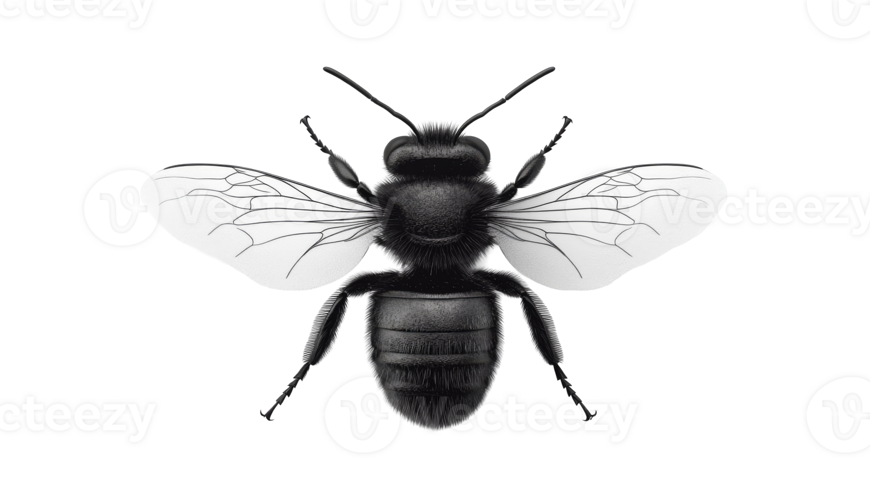 Solitary bee with wings, isolated on black background, cut out transparent png
