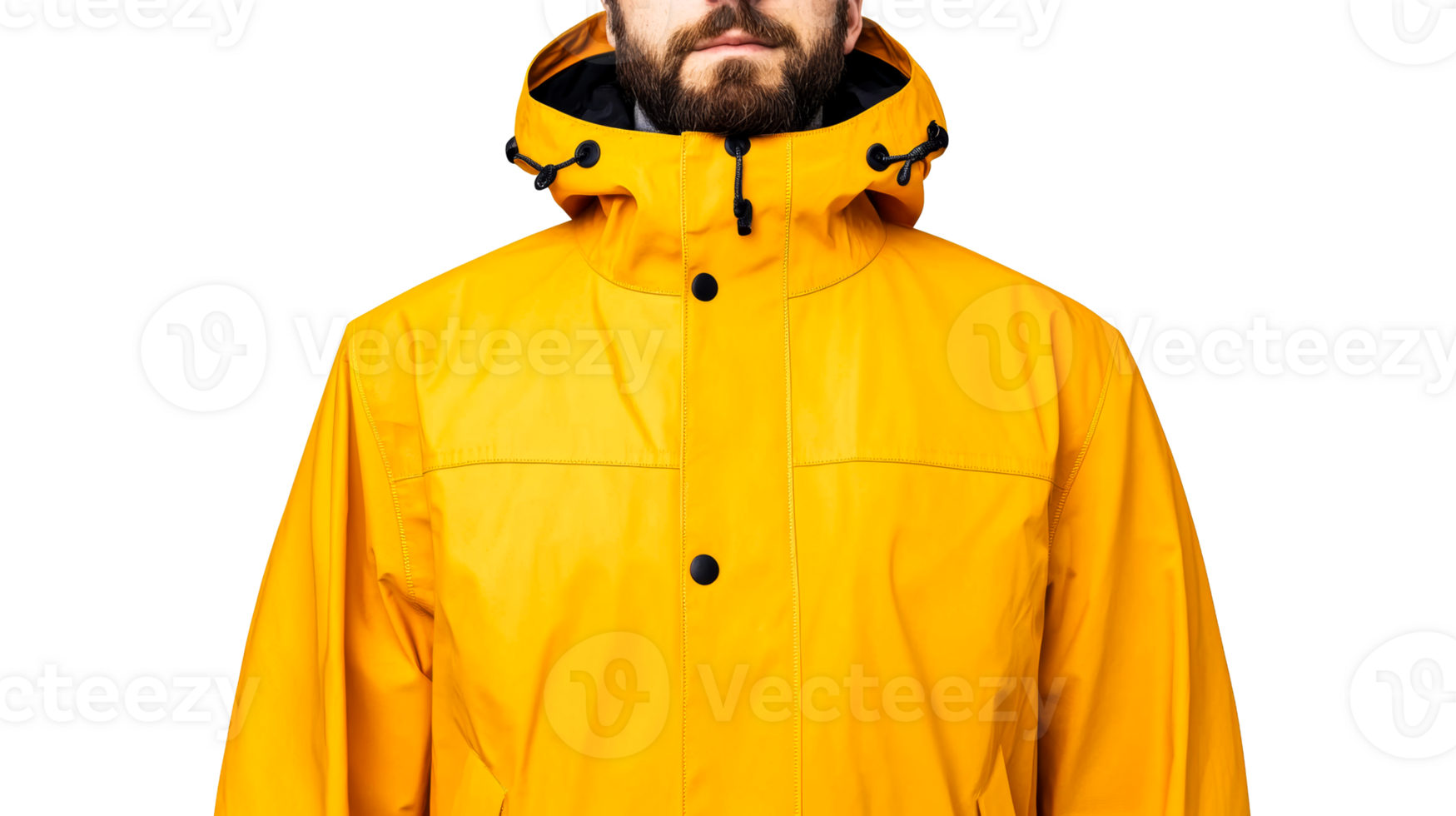 Bright yellow raincoat with hood and beard on black background, cut out transparent png