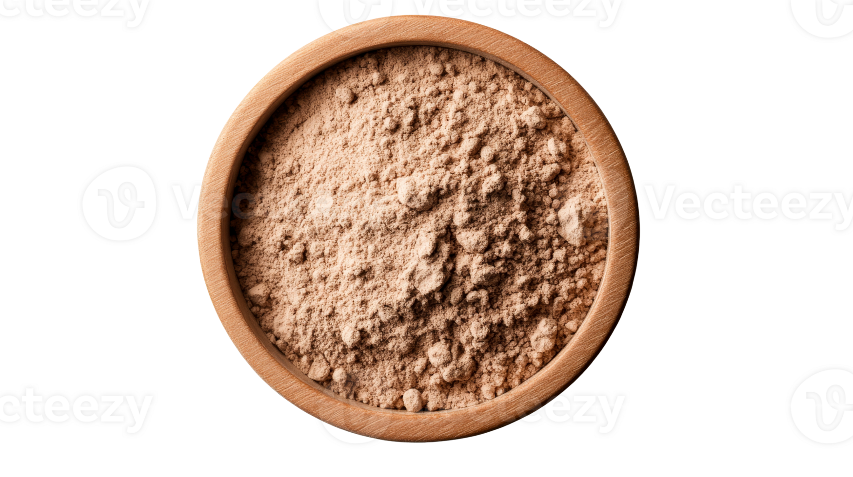 Wooden bowl of light brown powder, top view, studio shot, cut out transparent png