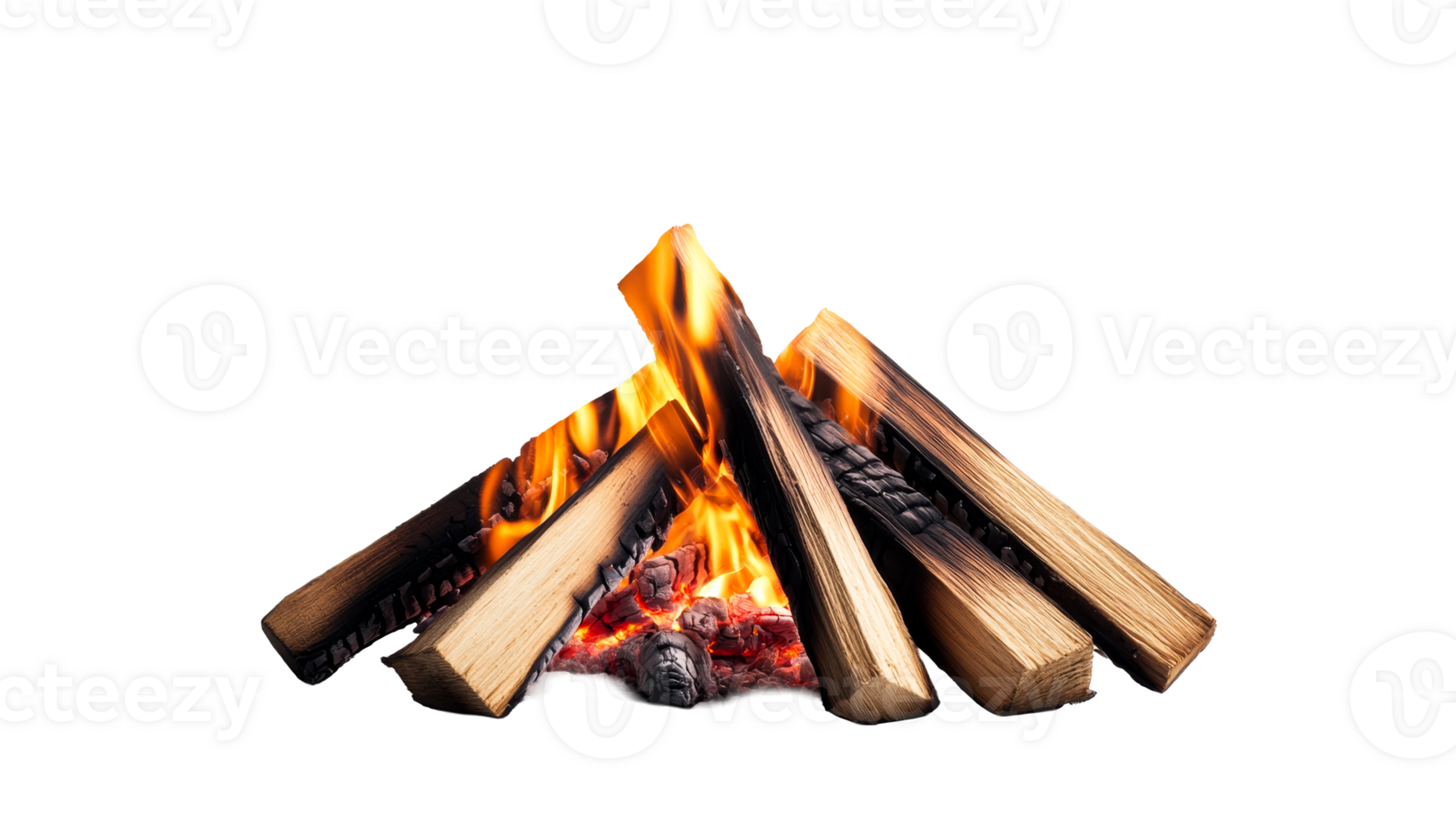Burning Wood in Fire Pit with Flames and Embers, cut out transparent png