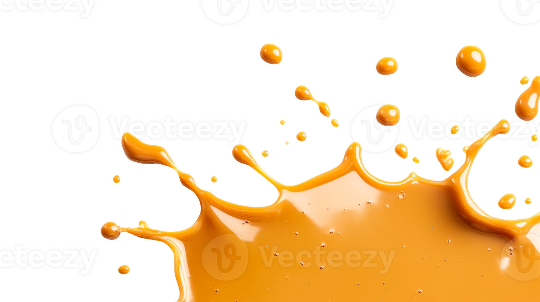 Splash of orange liquid with drops on a black background, cut out transparent png