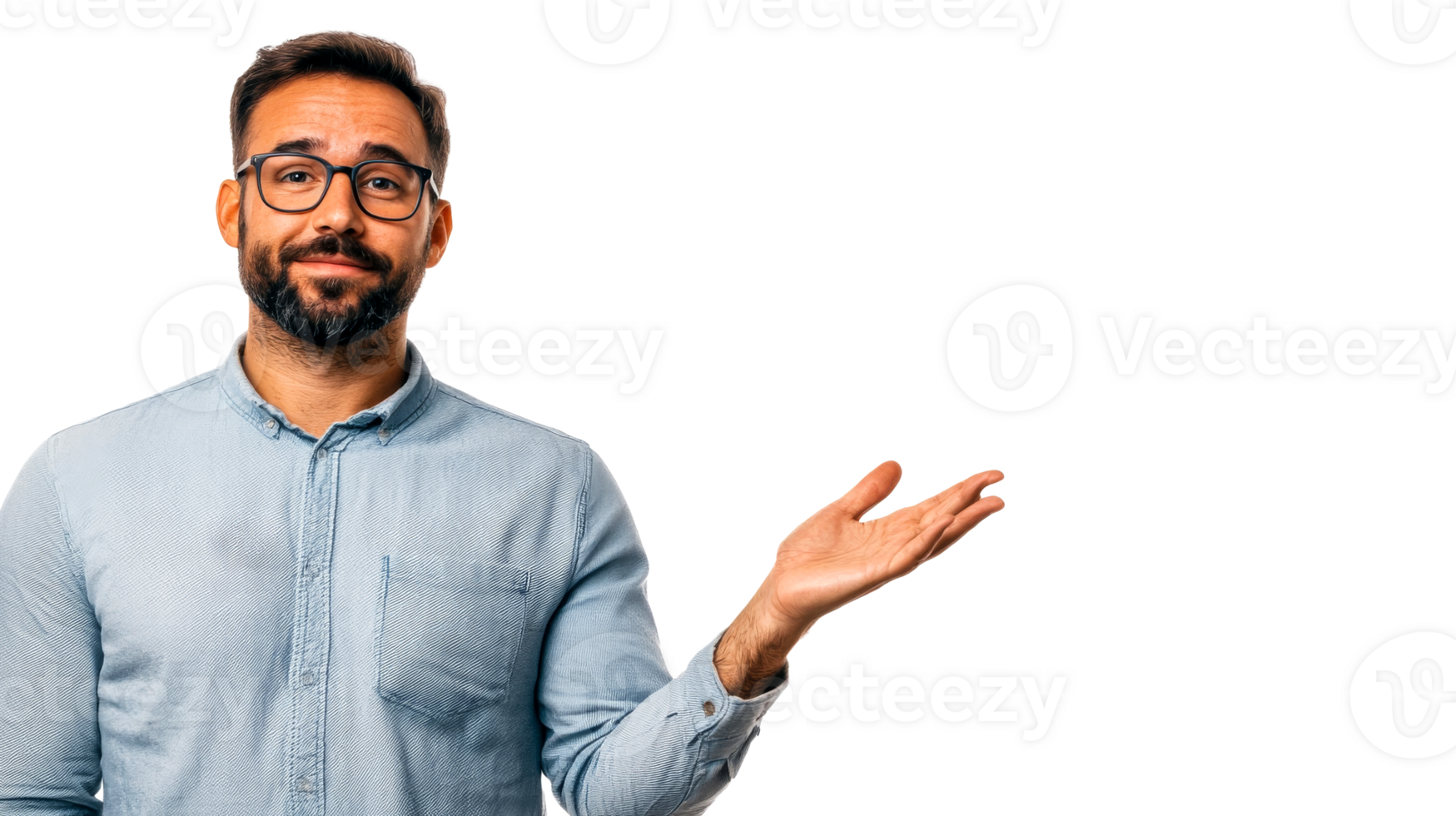 Man gesturing presenting wearing glasses, bearded, cut out transparent png
