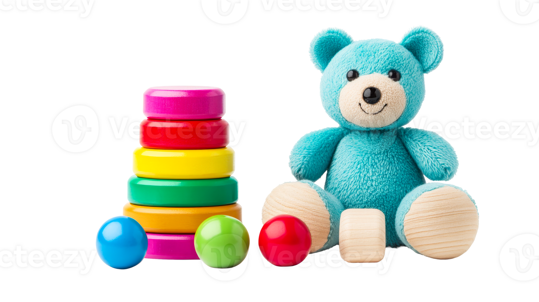 Toys with colorful stacking rings and turquoise teddy bear, cut out transparent png