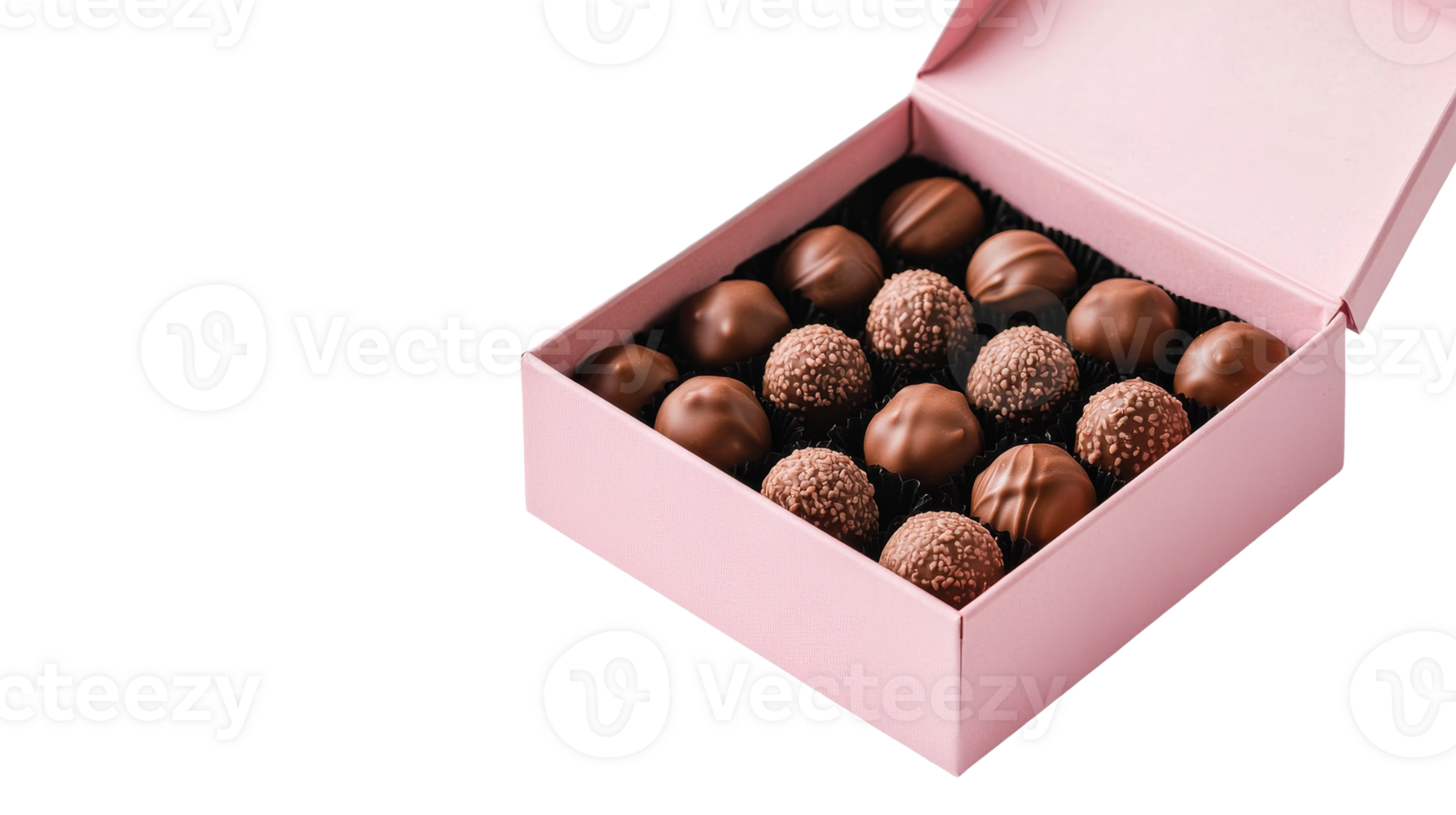 Box of assorted chocolates in pink packaging, cut out transparent png