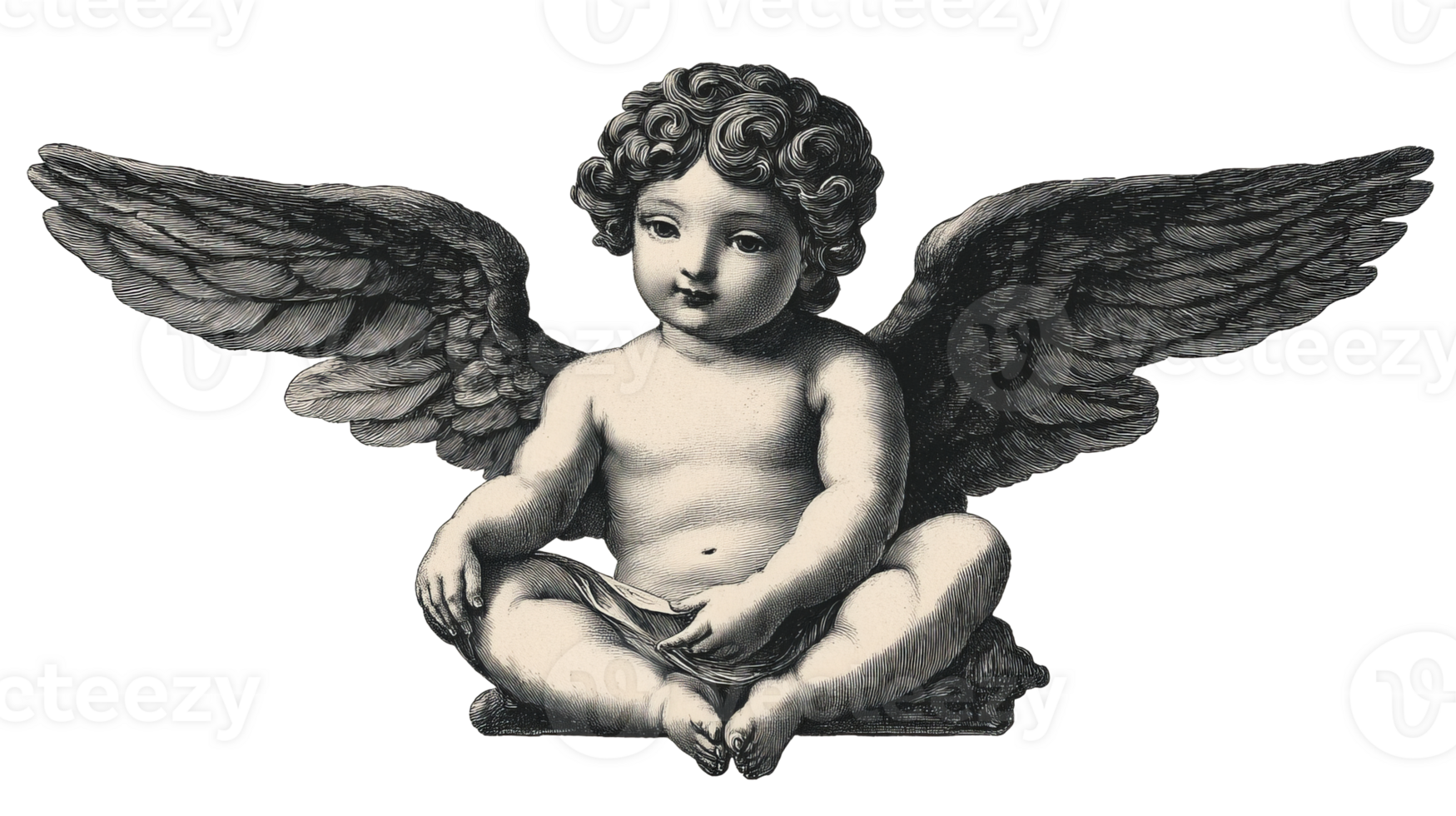 Vintage cherub illustration with spread wings, angelic figure, cut out transparent png