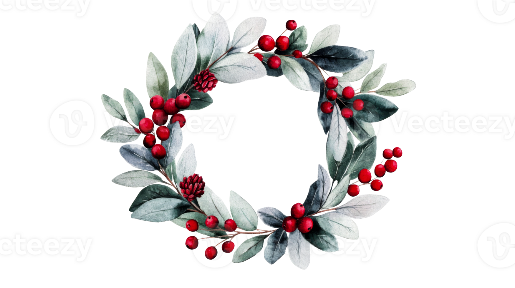 Christmas wreath with berries and leaves, elegant frame, cut out transparent png