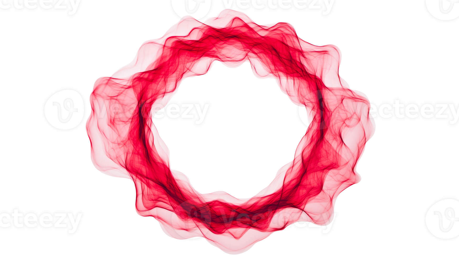 Wavy red smoke ring frame on black backdrop, cut out transparent png