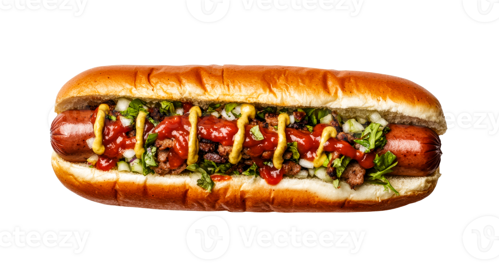 Hot dog with toppings on a bun, isolated, cut out transparent png