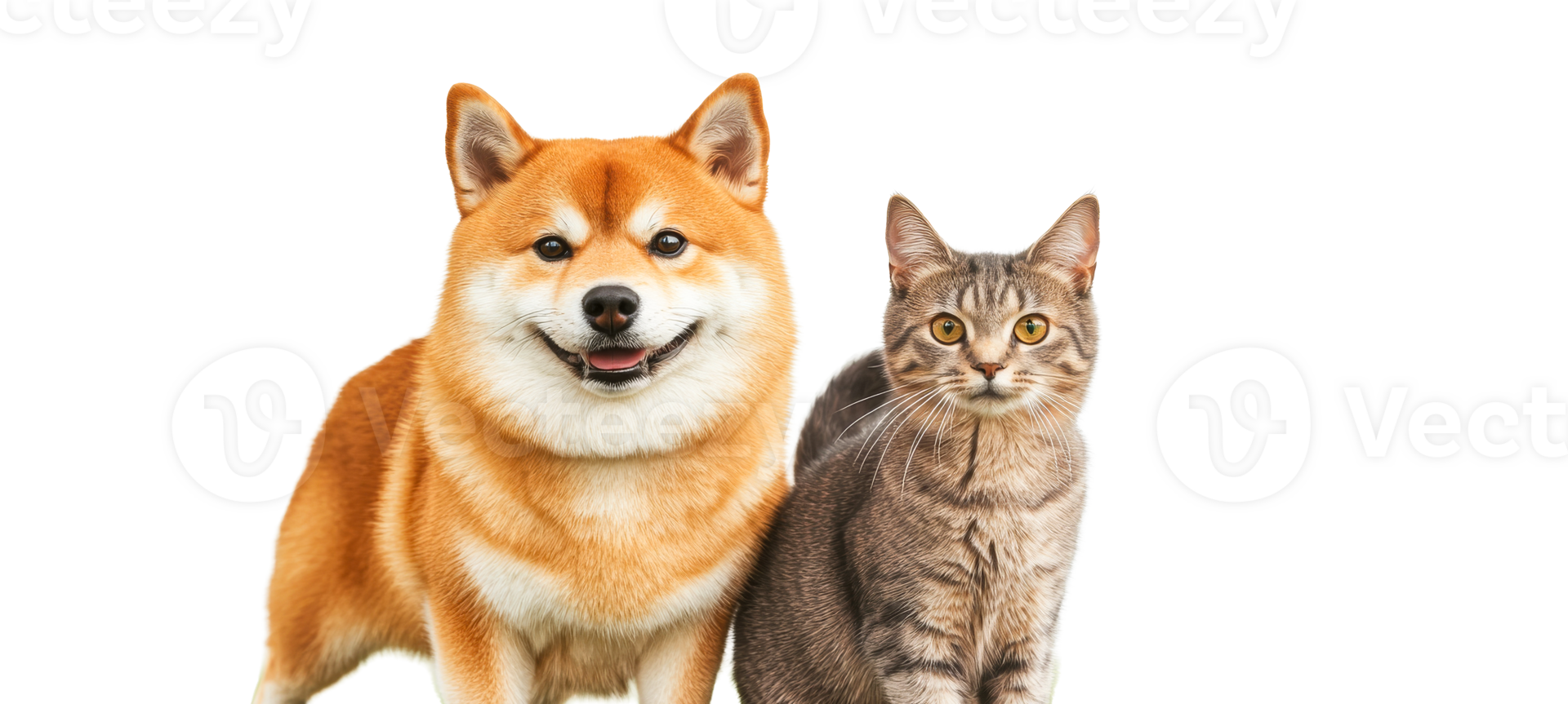 Smiling Shiba Inu dog and tabby cat posing together, cut out transparent png