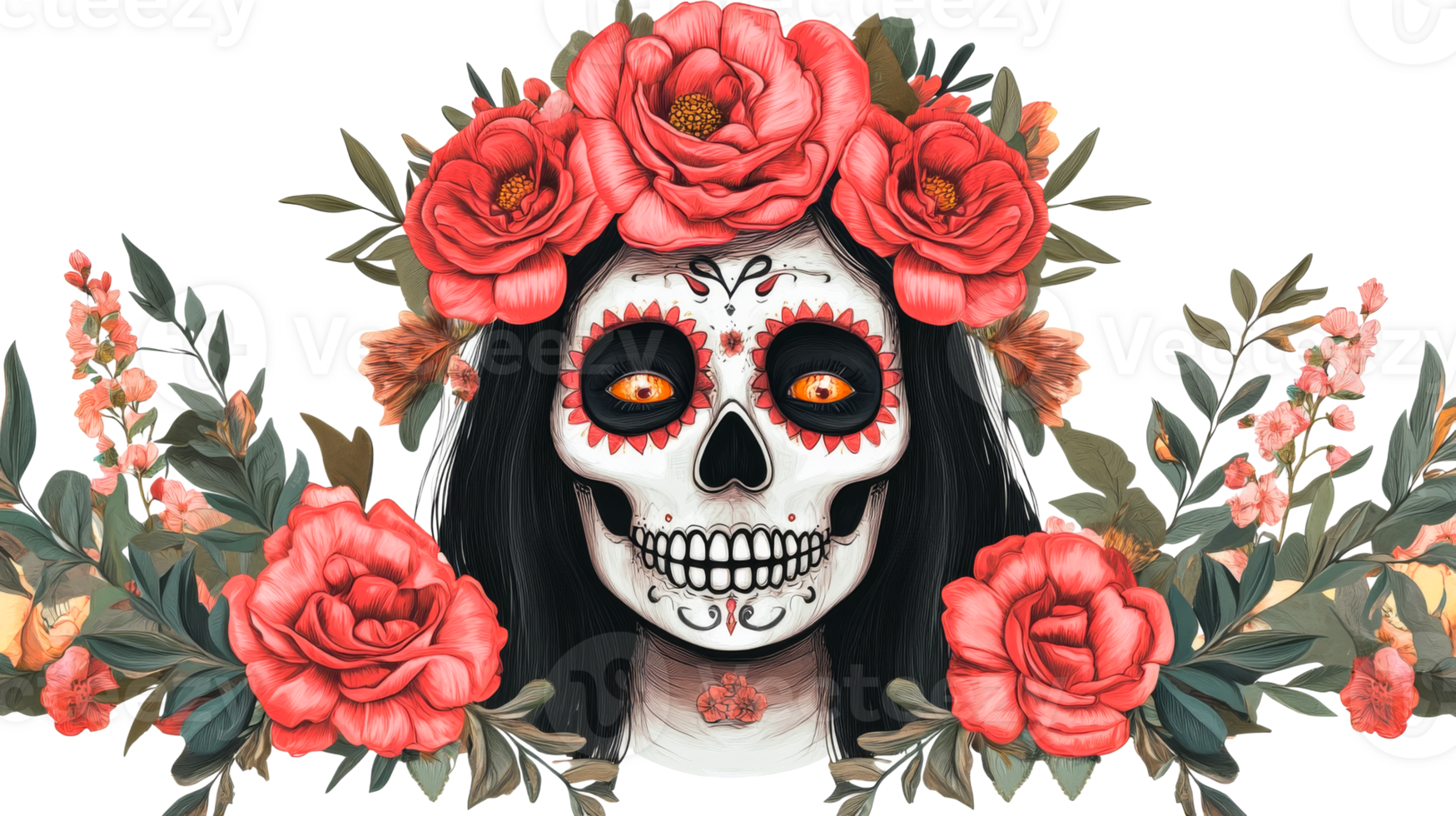 Skull with floral wreath, Dia de los Muertos illustration, cut out transparent png