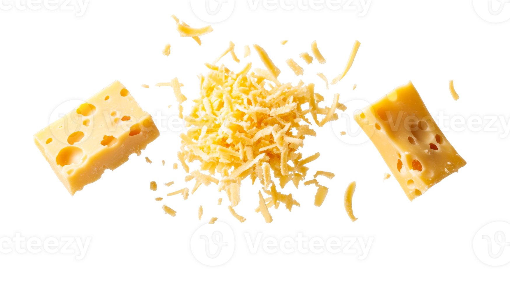 Swiss cheese blocks and grated cheddar, culinary ingredient, cut out transparent png