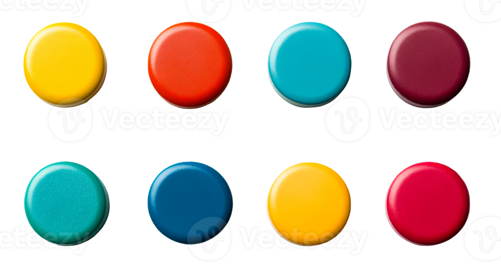 Colorful buttons in two rows on black background, cut out transparent png