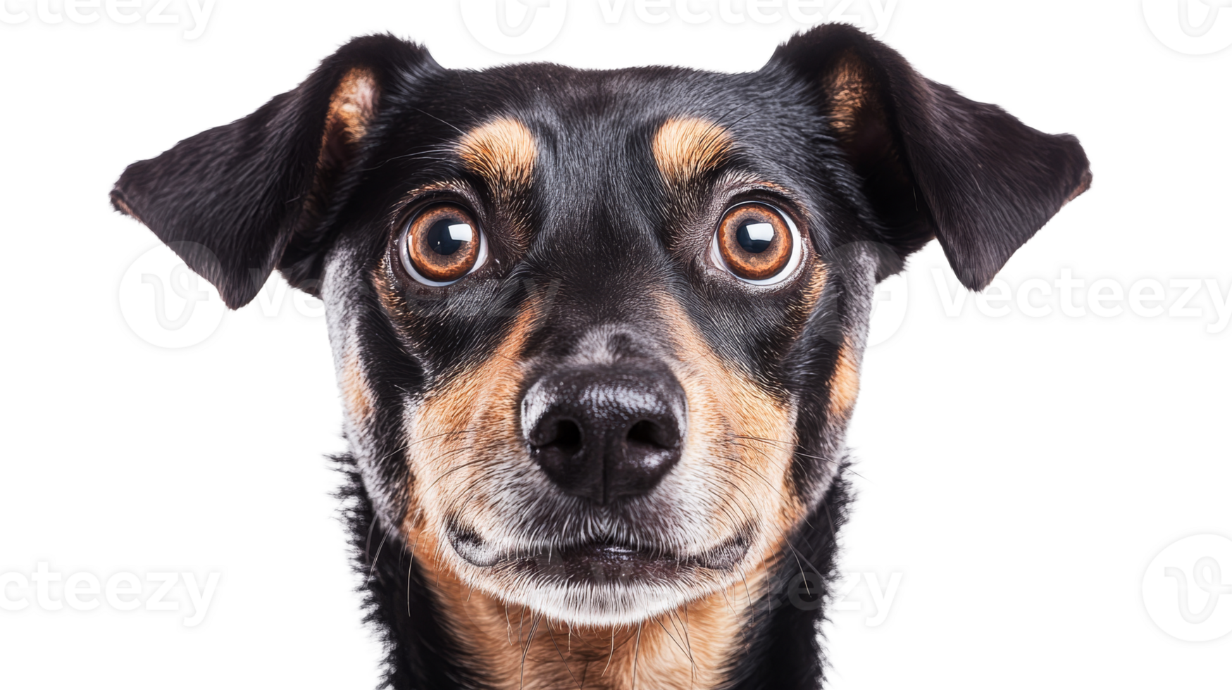 Dog portrait with attentive expression, headshot on black background, cut out transparent png