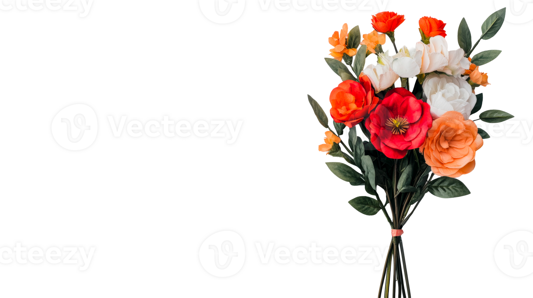 Bouquet of orange, red and white flowers on black background, cut out transparent png