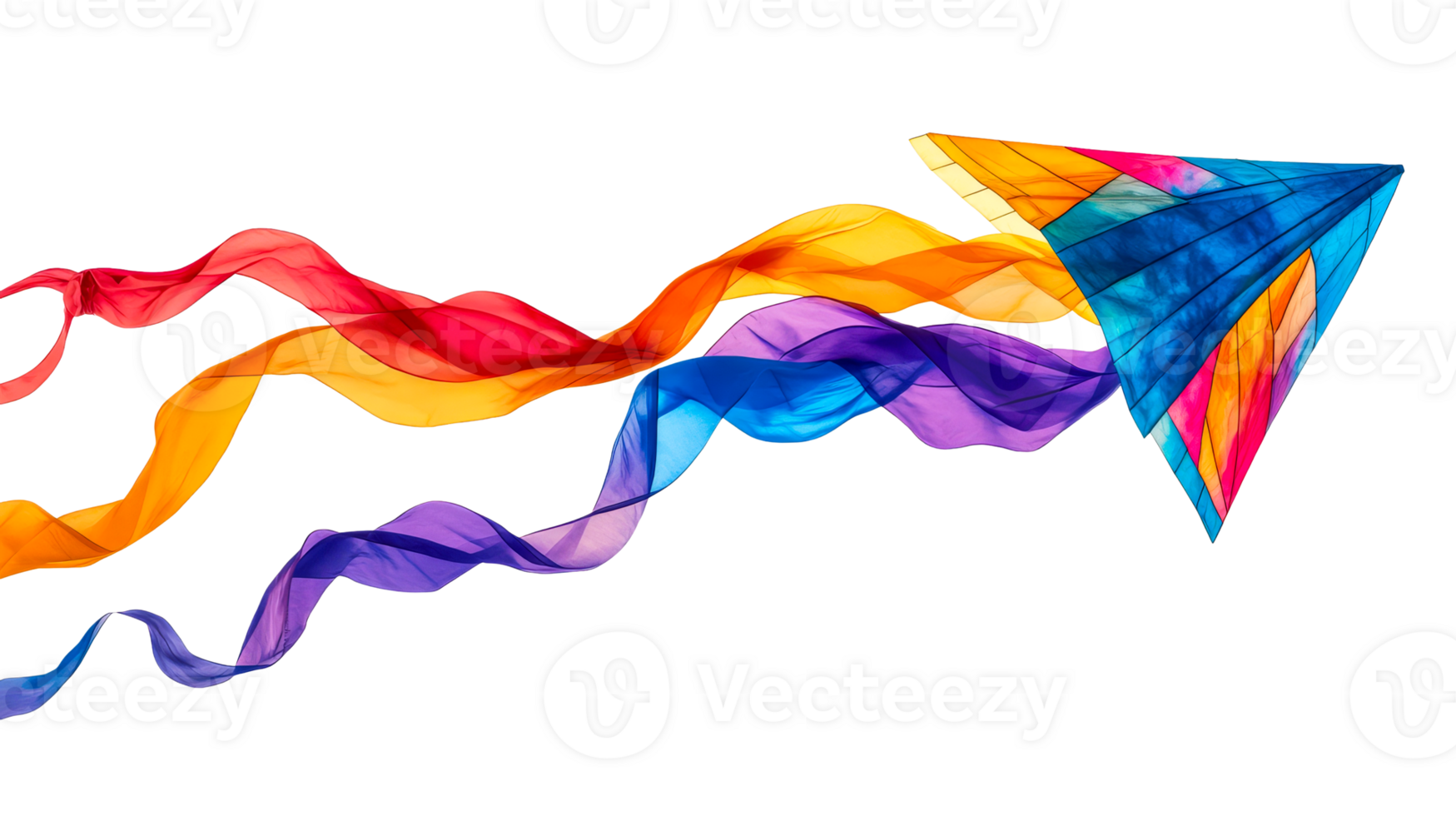 Colorful kite soars, rainbow ribbons, playful sky design, lighthearted, cut out transparent png