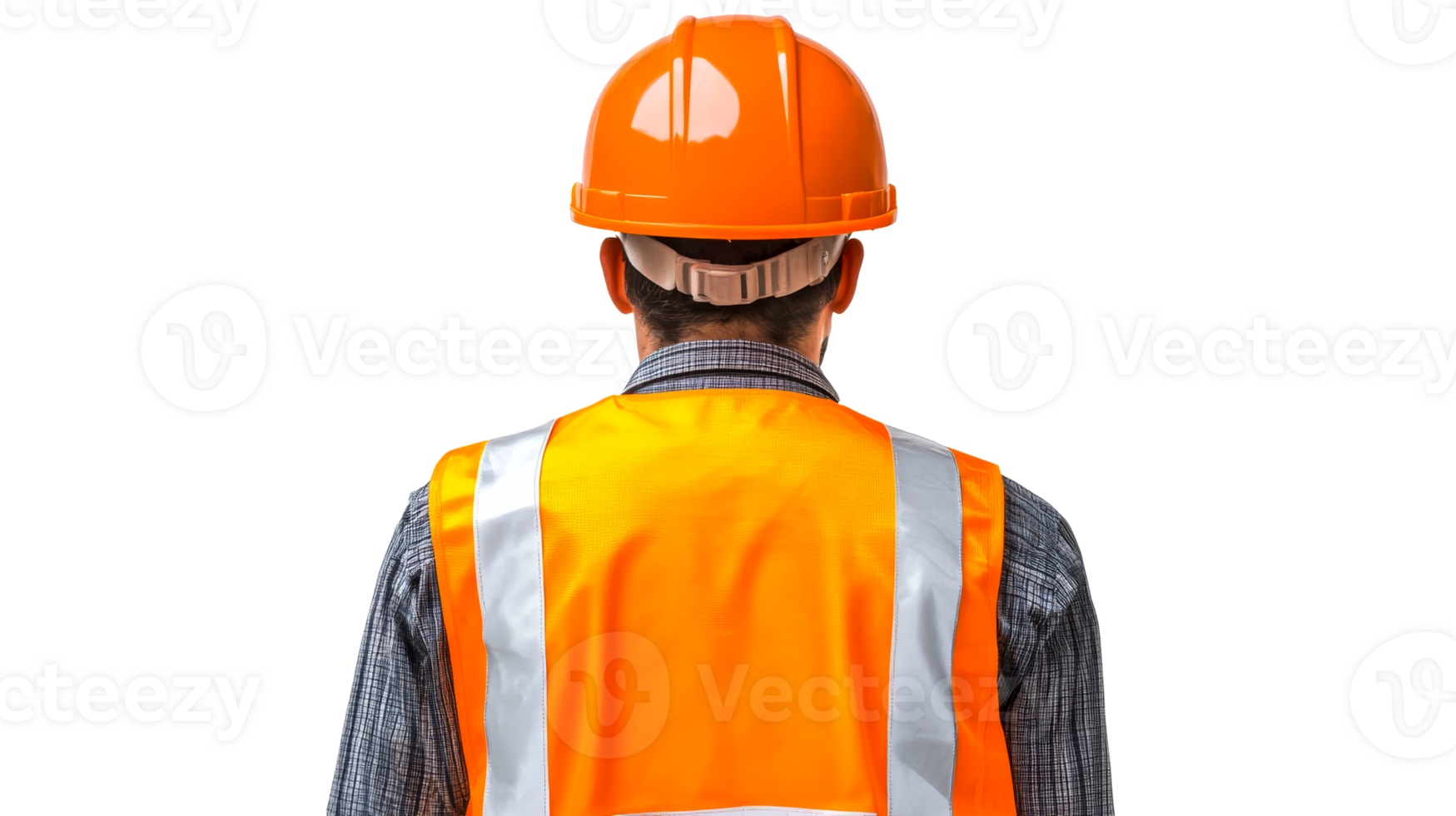 Construction worker back view, orange hard hat and vest, cut out transparent png