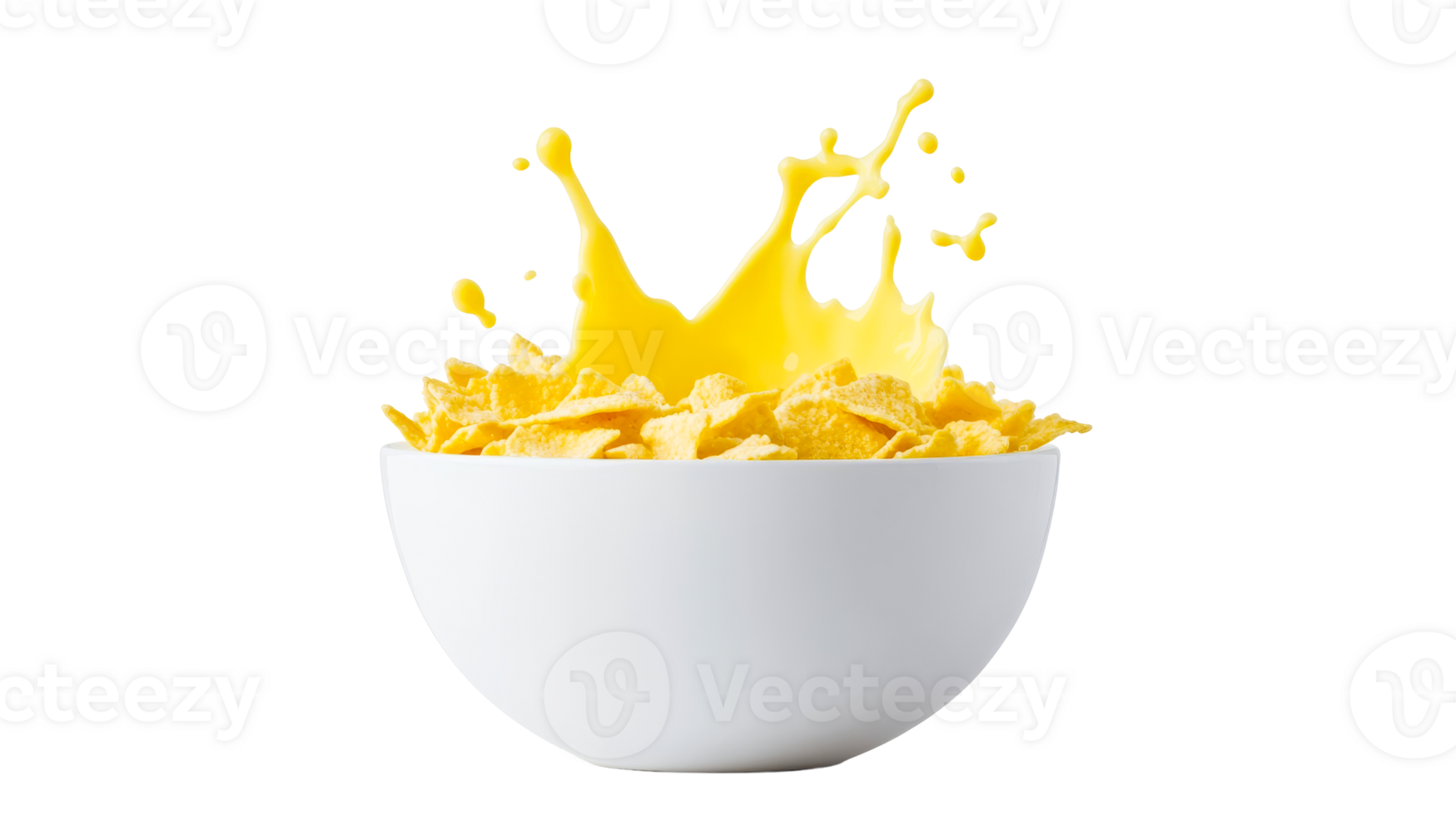Cornflakes with milk, explosion of freshness in a white bowl, cut out transparent png