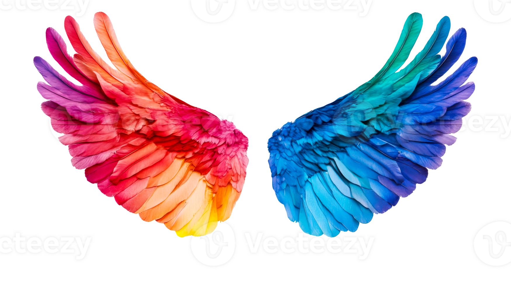 Rainbow feathered wings with vibrant gradients and detailed plumage, cut out transparent png