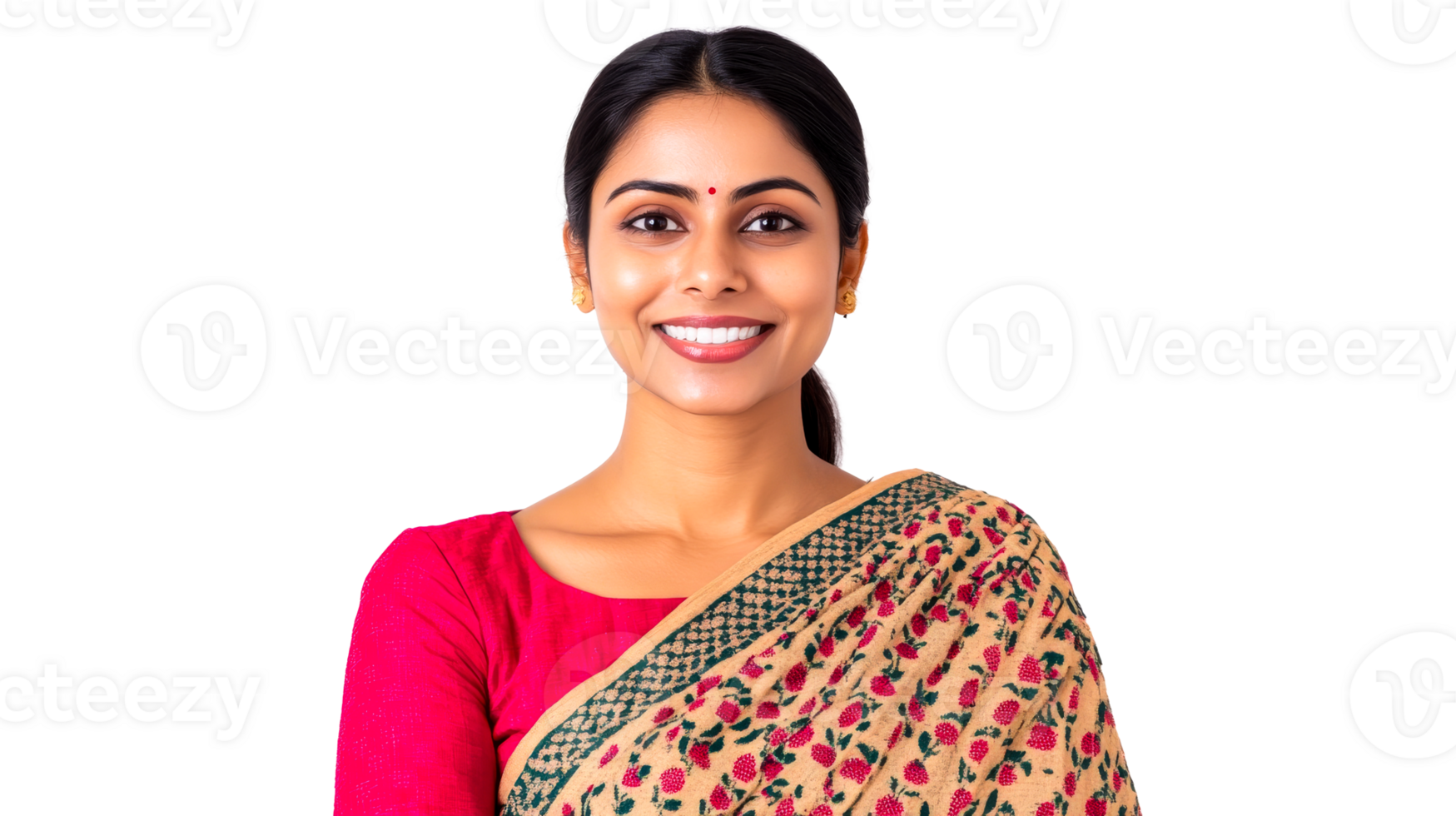 Smiling Indian woman with traditional bindi and sari, cut out transparent png