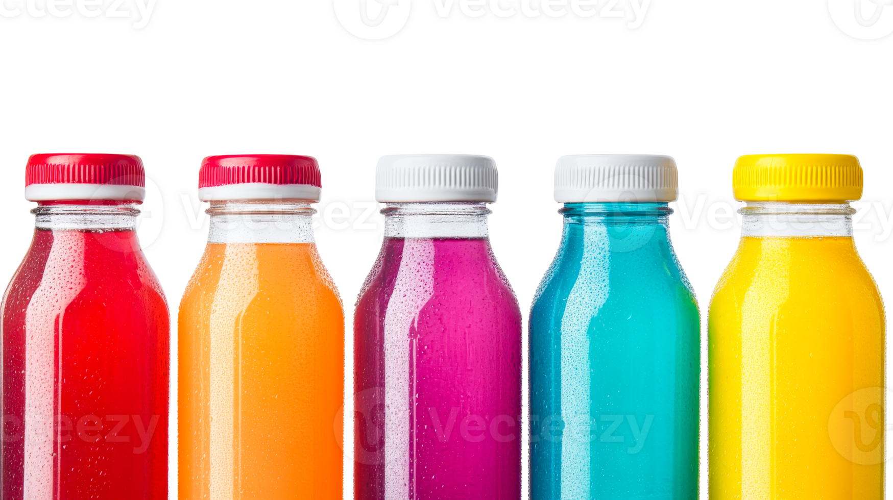 Colorful drinks in glass bottles, fresh juices, isolated, cut out transparent png