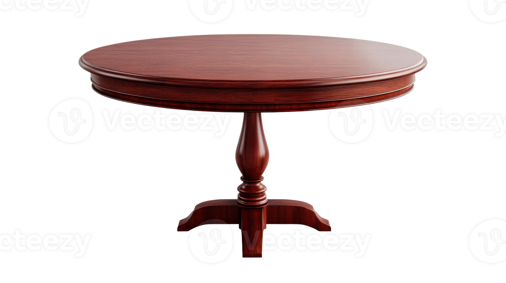 Round wooden pedestal table isolated, polished furniture indoors, cut out transparent png
