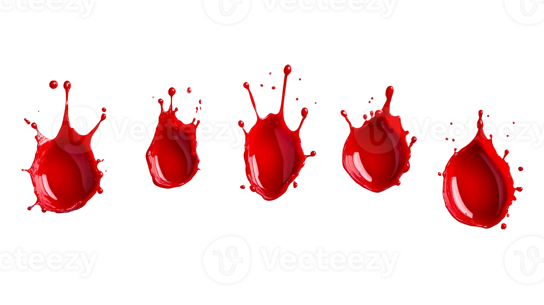 Red paint splashes set with unique shapes, isolated, cut out transparent png