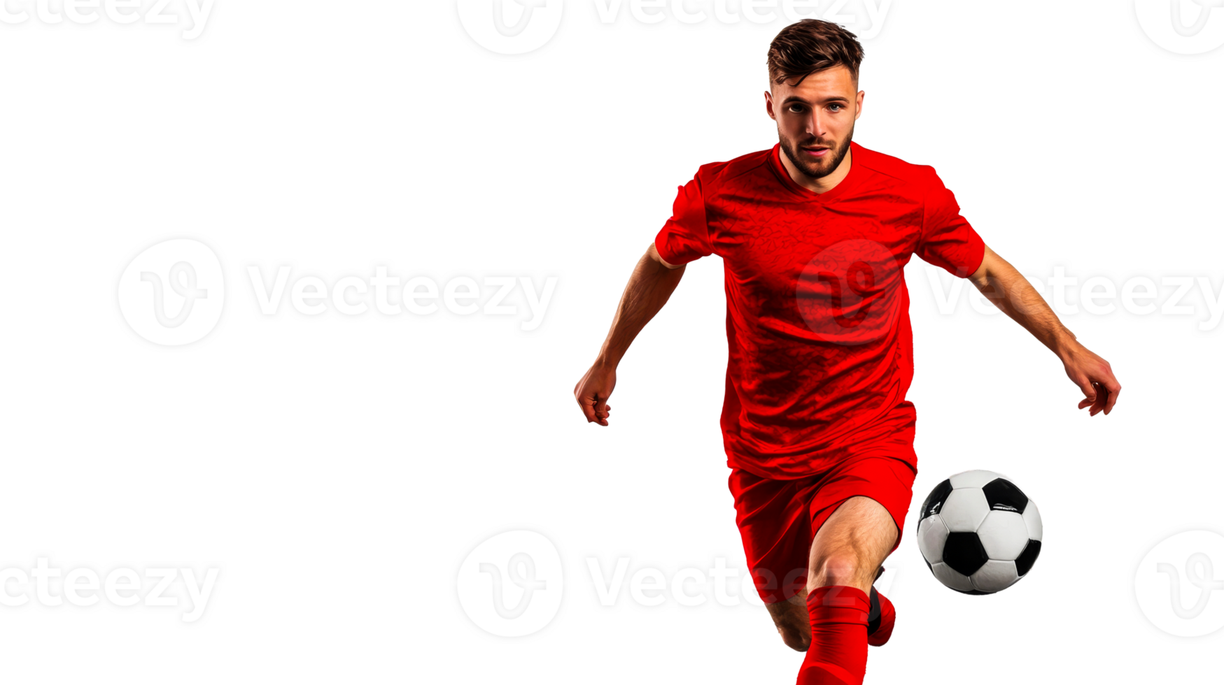 Soccer player dribbles, focused intense gaze on field, cut out transparent png
