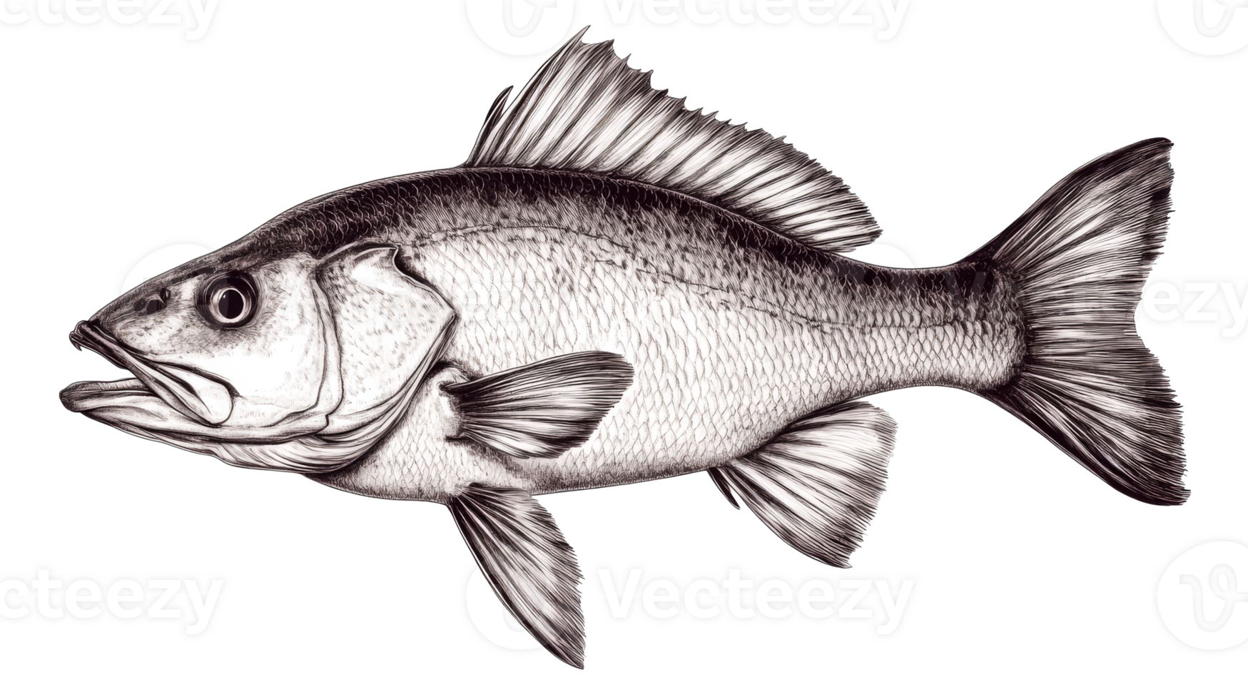 Detailed Monochrome Drawing of a Fish on Black Background, cut out transparent png
