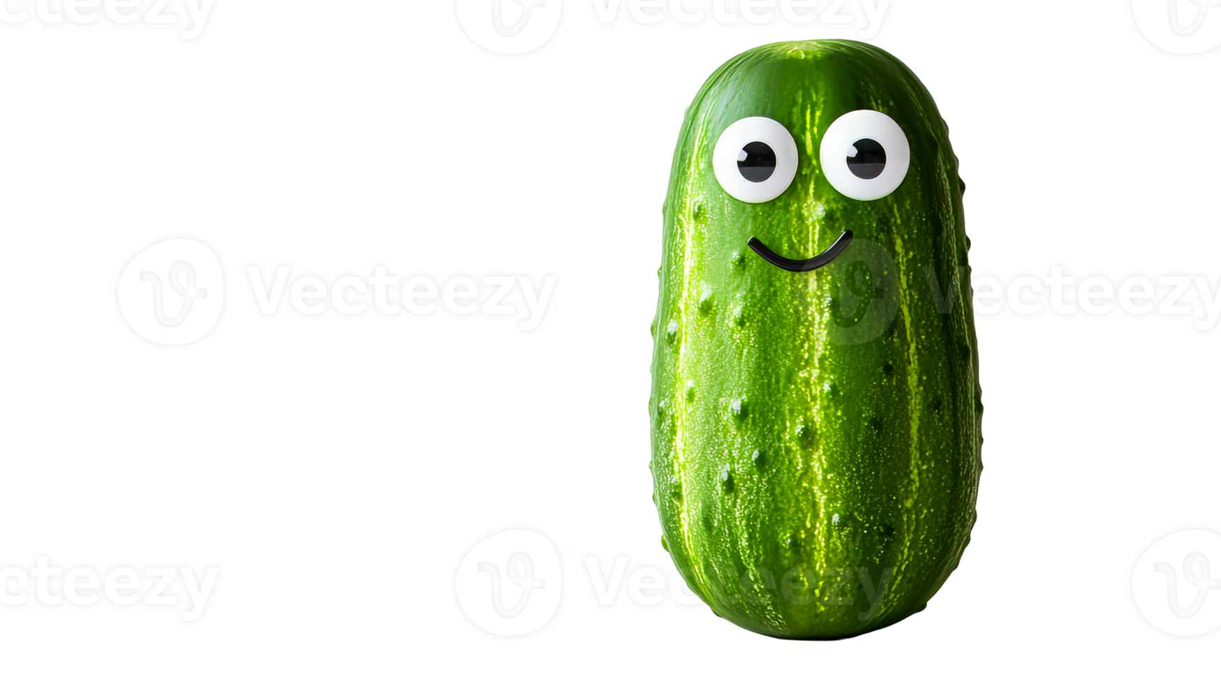 Funny cucumber with big eyes and a smile, on dark background, cut out transparent png