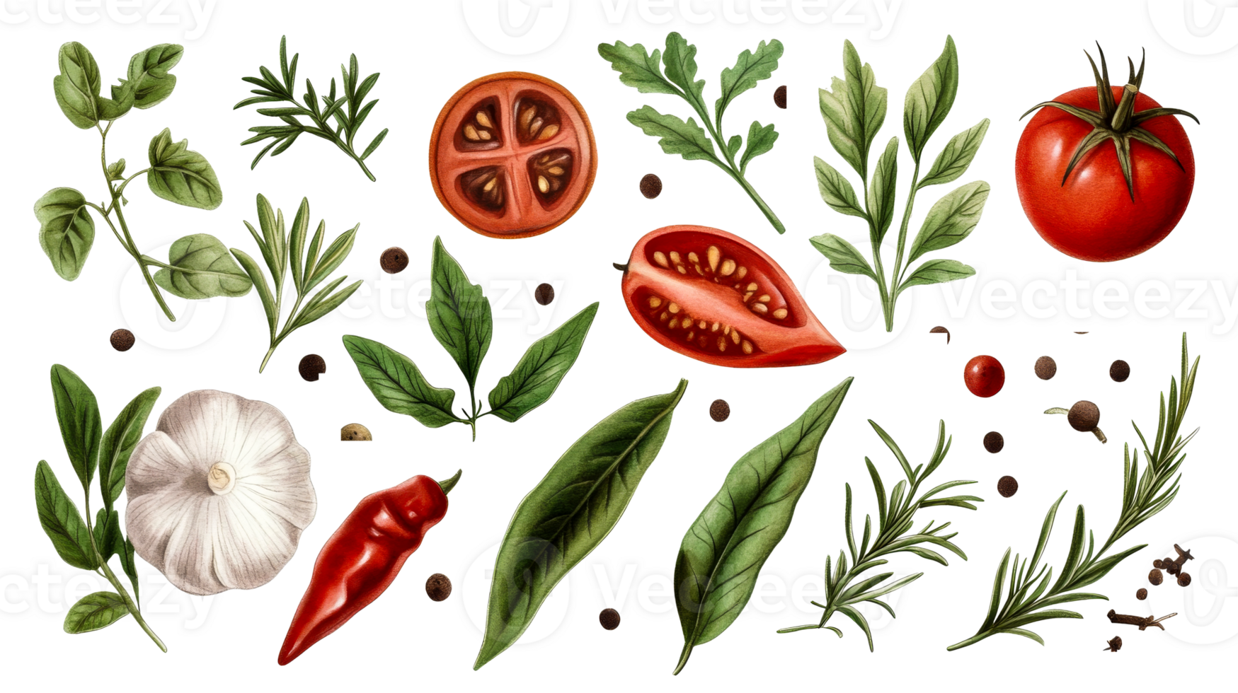 Culinary herbs and spices arrangement on black background, cut out transparent png