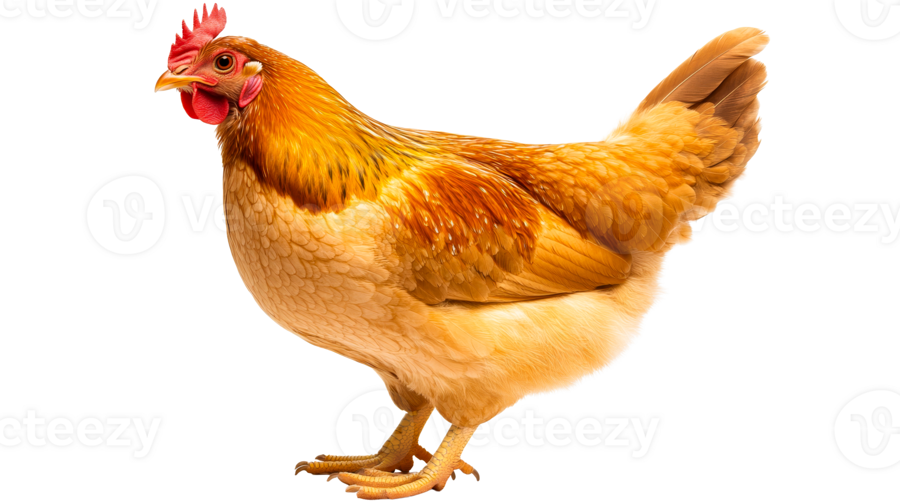 Golden chicken with bright red comb stands calmly, cut out transparent png
