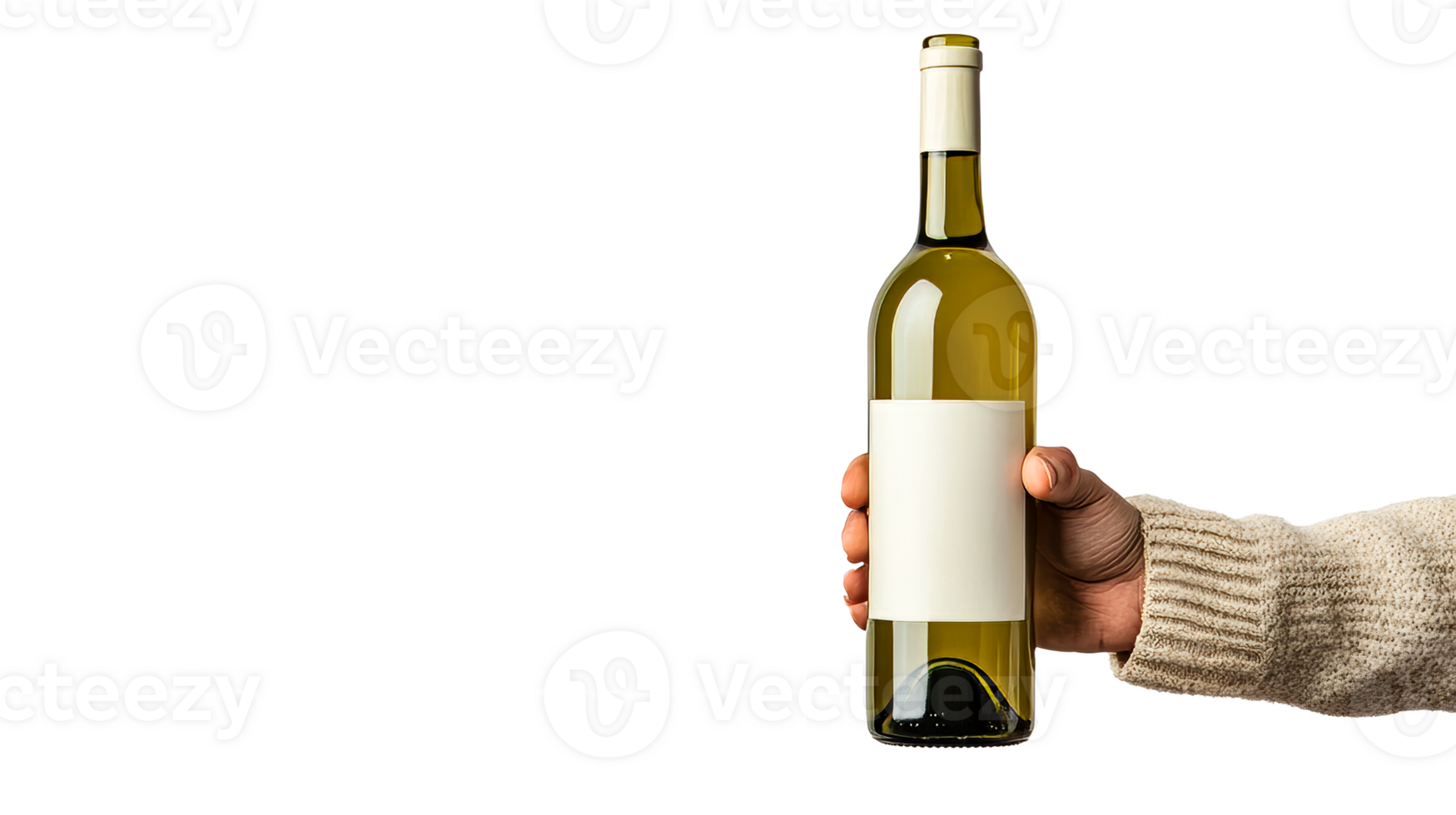 Hand holding wine bottle with blank label, advertising concept, cut out transparent png