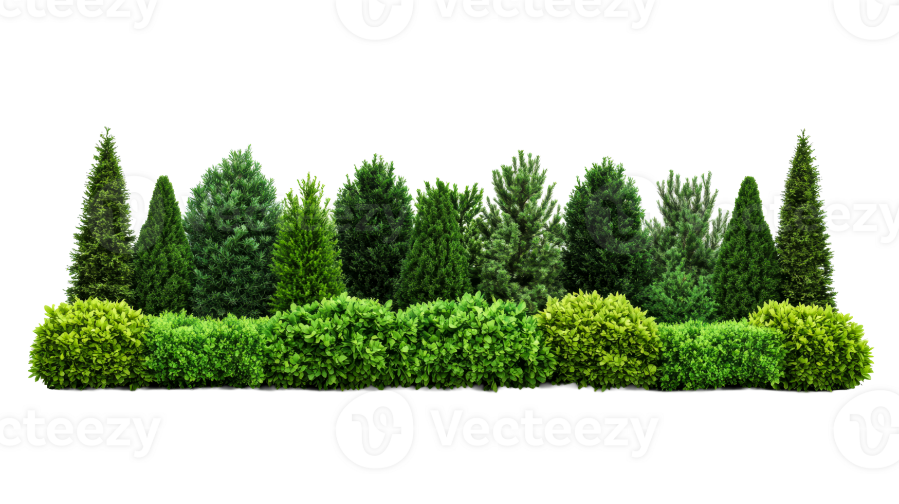 Green hedge with various conifers and bushes, cut out transparent png