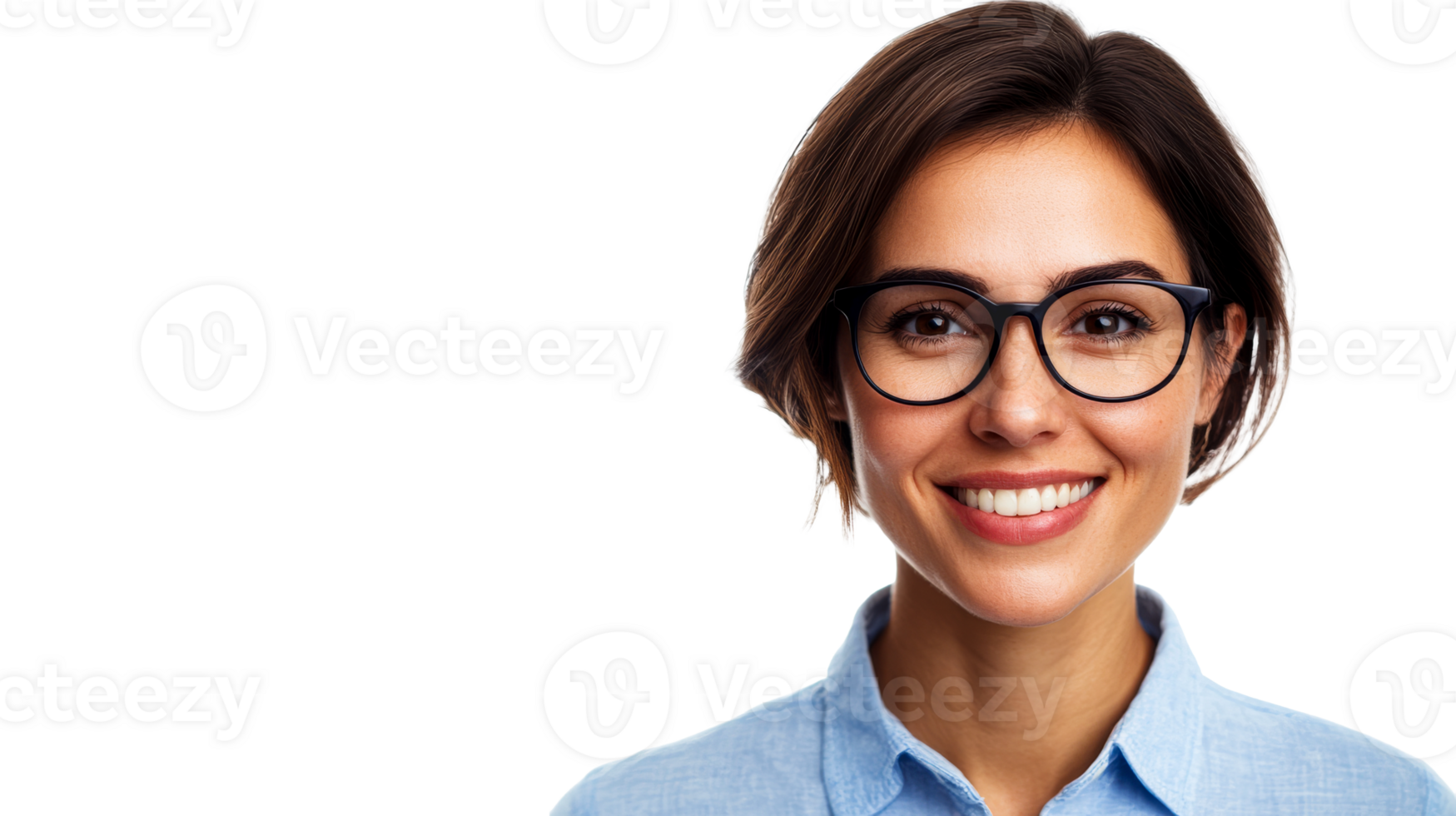 Smiling professional woman with glasses, wearing shirt, cut out transparent png