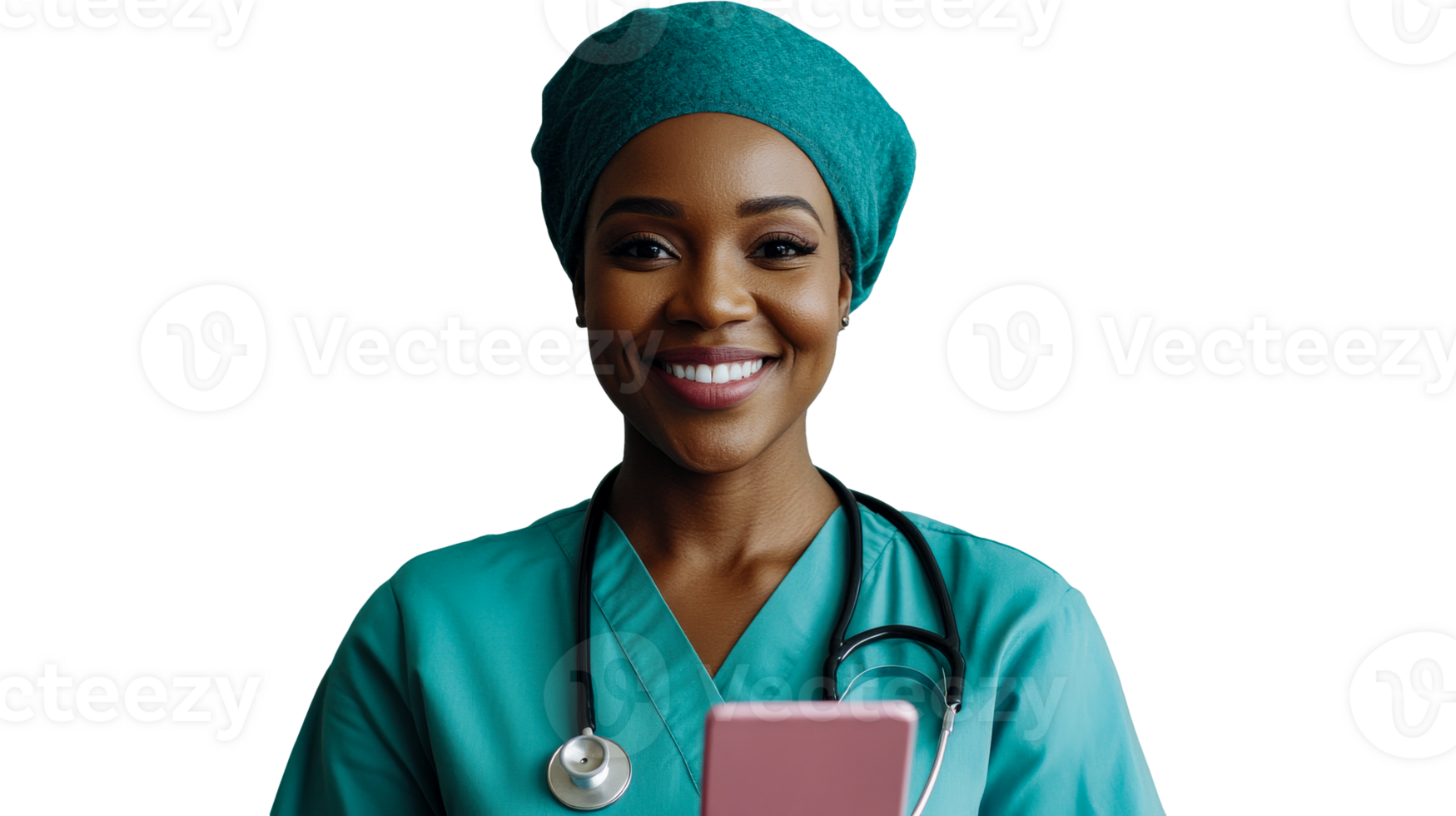Cheerful African-American surgeon smiling in scrubs uniform, cut out transparent png