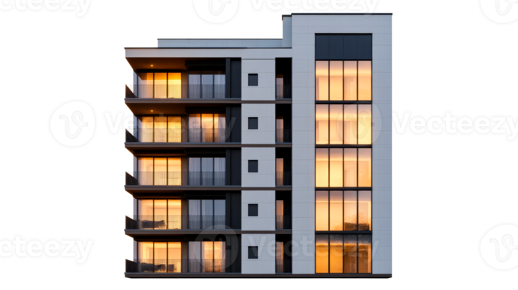Modern architecture residential building facade at sunset, cut out transparent png