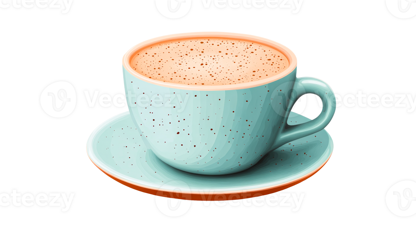 Coffee cup with coffee, full, with handle on saucer, cut out transparent png