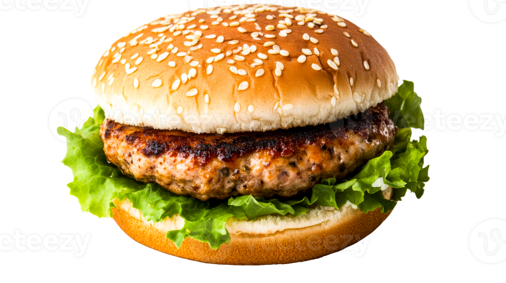 Hamburger with sesame bun, lettuce, and beef patty, cut out transparent png