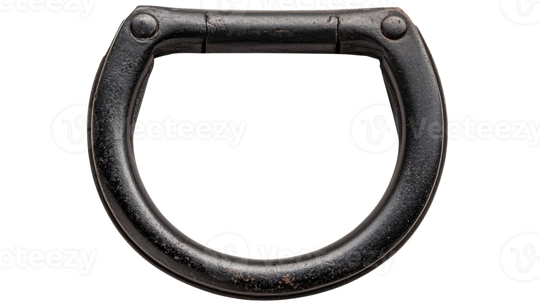 Black metallic D-ring shaped handle with rivets, cut out transparent png