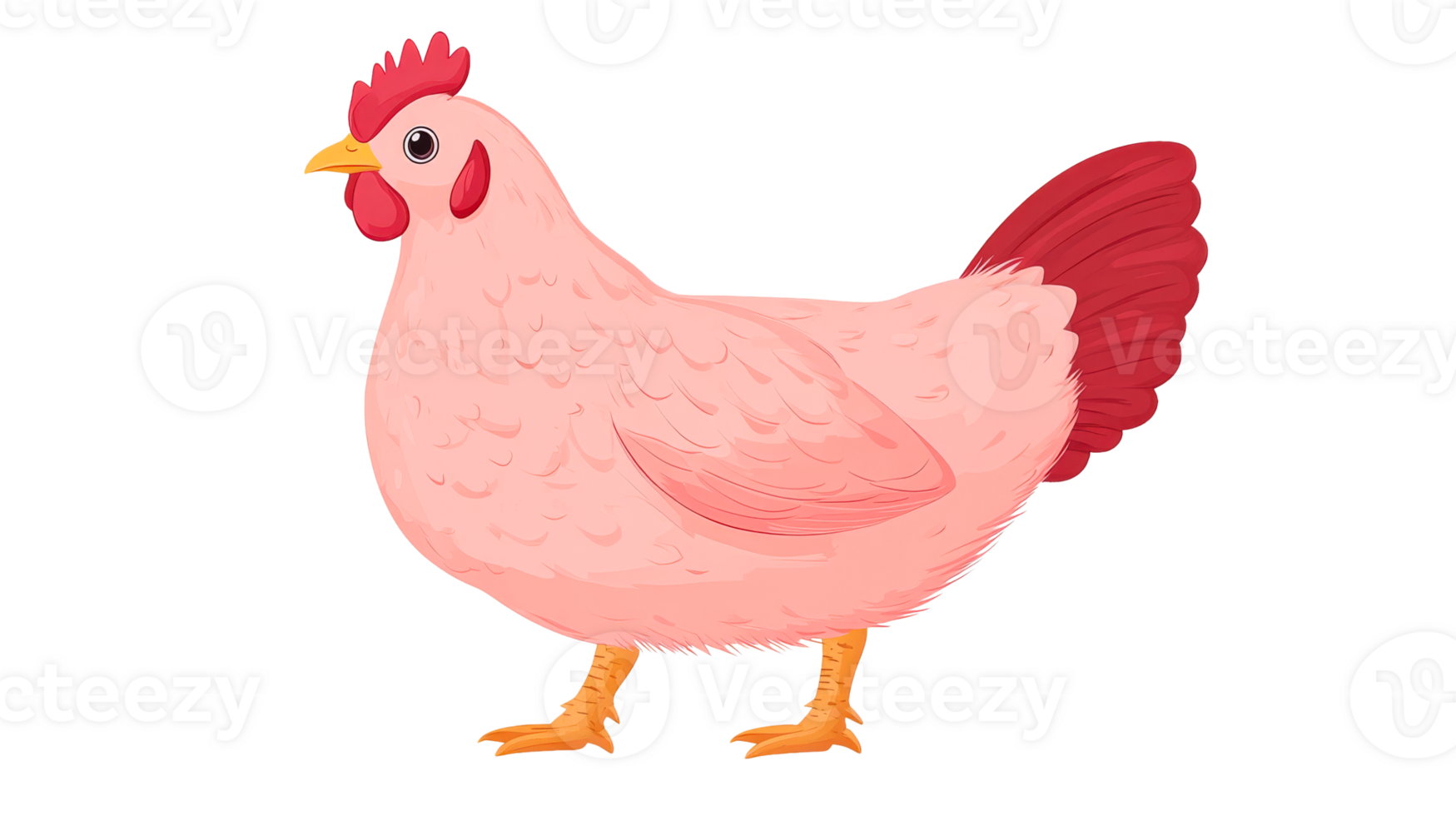 Pink chicken with a red tail standing sideways, cut out transparent png